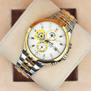 Premium Two Tone Stainless Steel Multifunction Watch White Textured Dial Date Display Sport Luxury Watch – Men