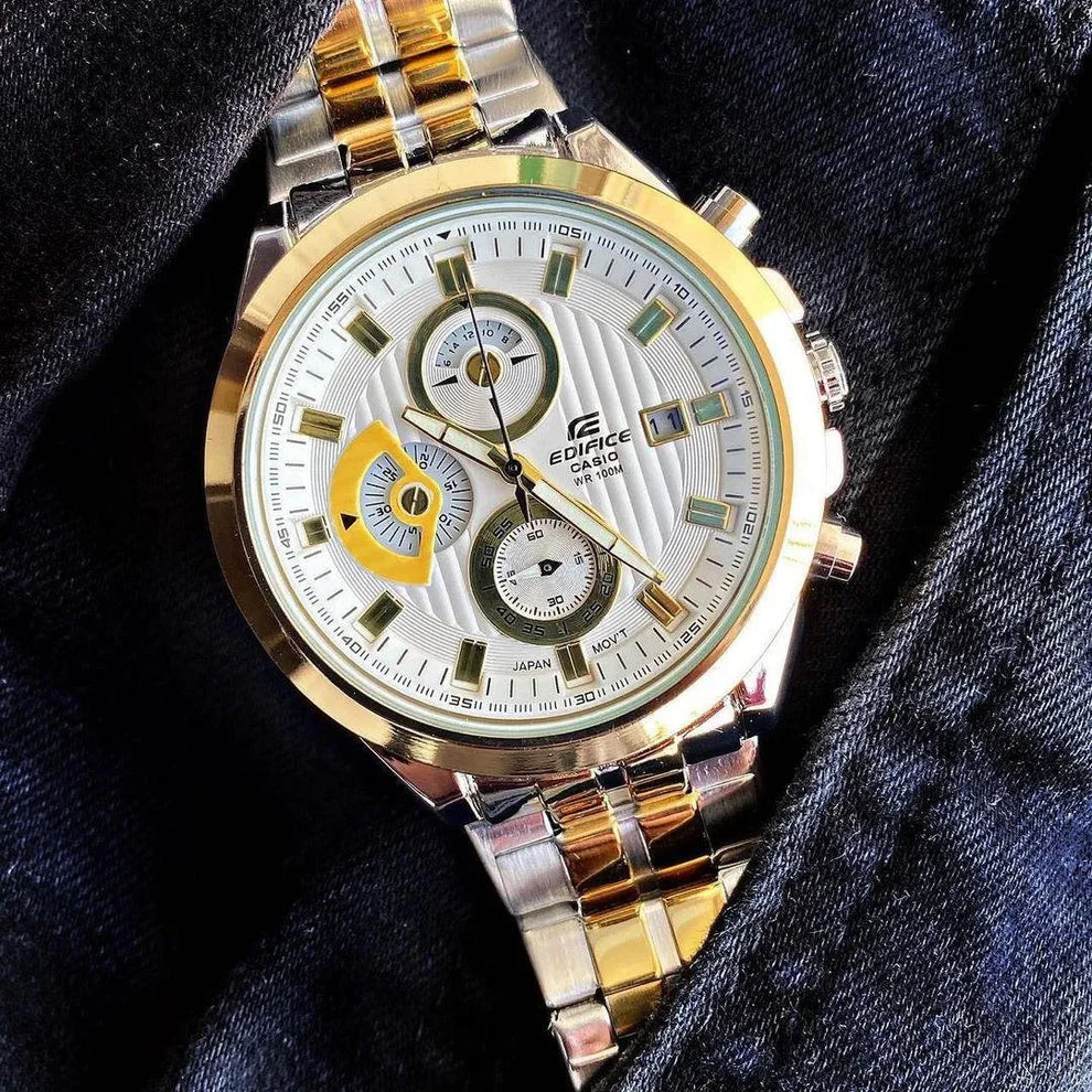 Premium Two Tone Stainless Steel Multifunction Watch White Textured Dial Date Display Sport Luxury Watch – Men