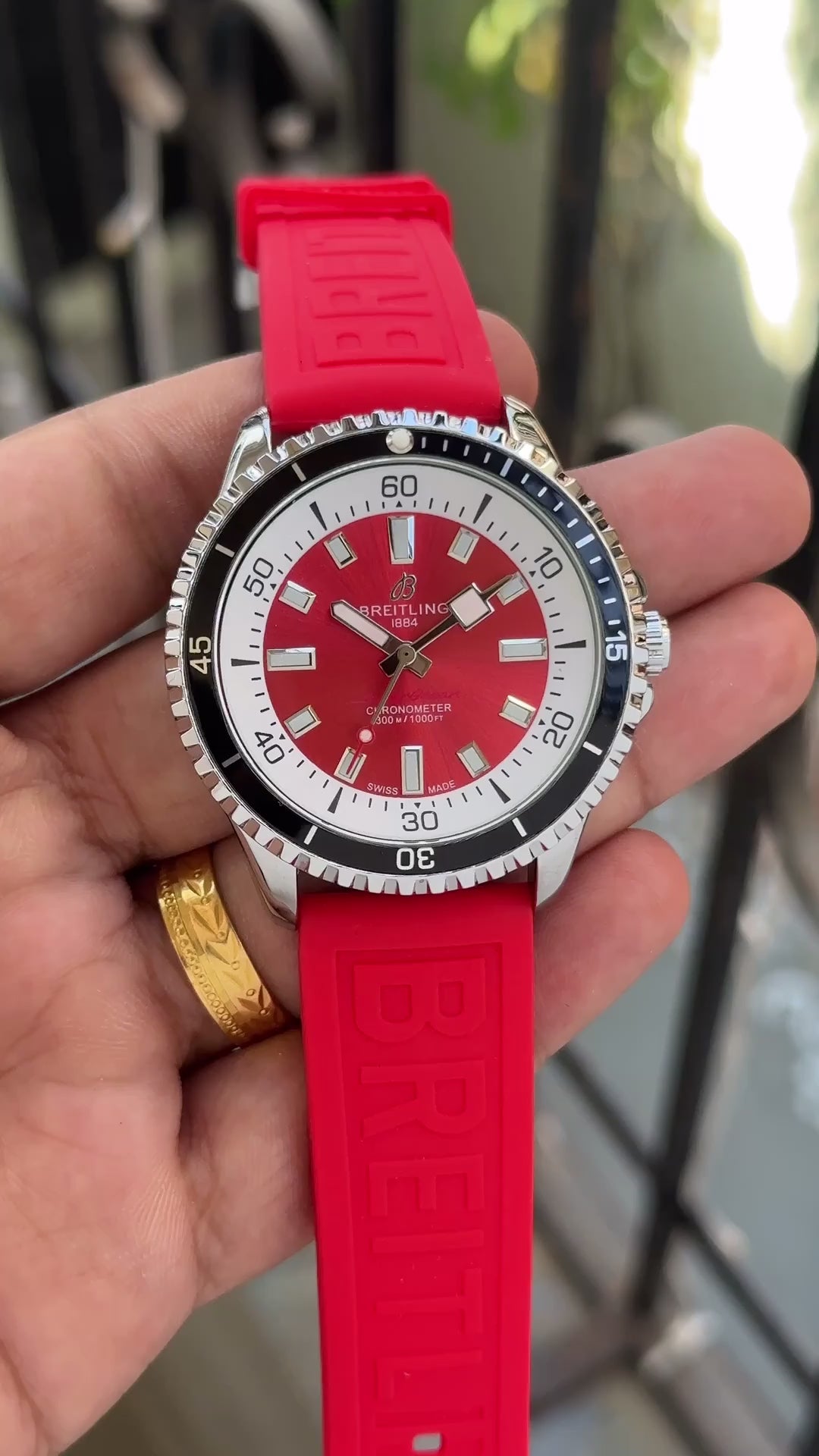 Premium Silver Stainless Steel Sport Watch Red Sunburst Dial Rotating Bezel Red Silicone Strap Luxury Watch – Men