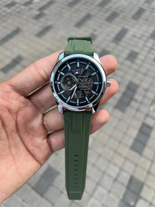 Premium Silver Stainless Steel Automatic Skeleton Watch Black Dial Olive Green Silicone Strap Sport Luxury Watch – Men