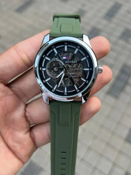 Premium Silver Stainless Steel Automatic Skeleton Watch Black Dial Olive Green Silicone Strap Sport Luxury Watch – Men