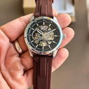 Premium Silver Stainless Steel Automatic Skeleton Watch Black Dial Brown Silicone Strap Sport Luxury Watch – Men