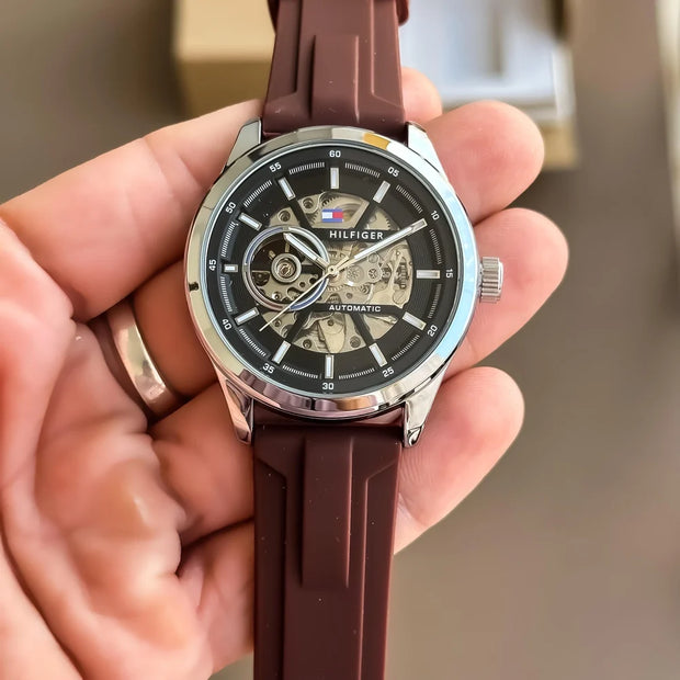Premium Silver Stainless Steel Automatic Skeleton Watch Black Dial Brown Silicone Strap Sport Luxury Watch – Men