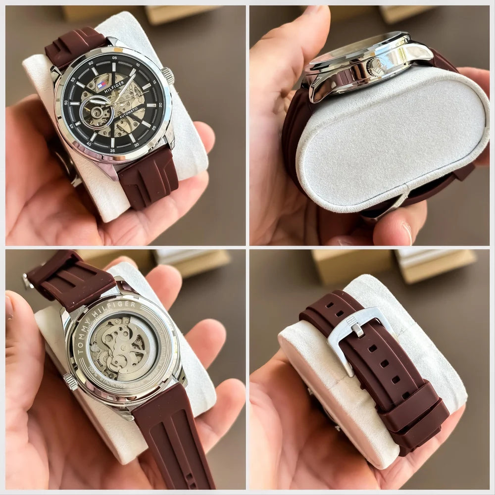 Premium Silver Stainless Steel Automatic Skeleton Watch Black Dial Brown Silicone Strap Sport Luxury Watch – Men