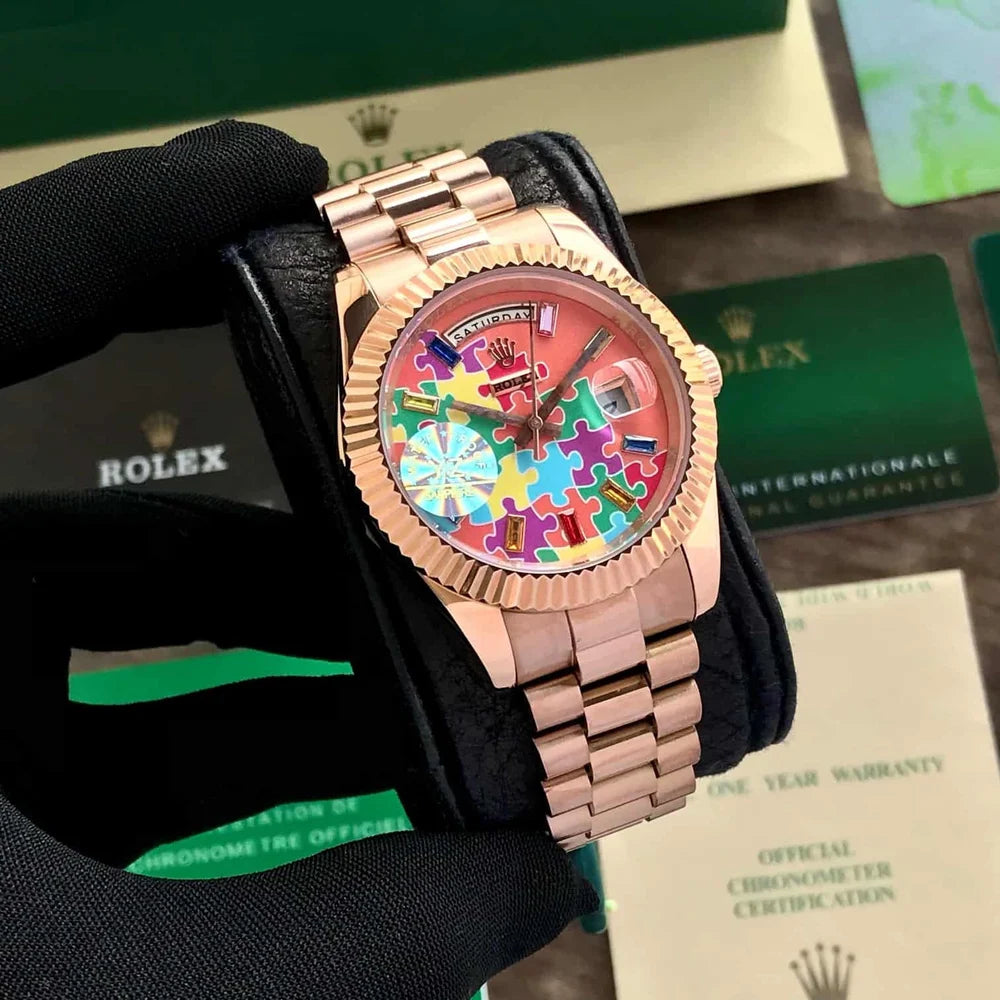 Premium Rose Gold Stainless Steel Watch Multicolor Puzzle Dial Fluted Bezel Statement Luxury Watch – Men